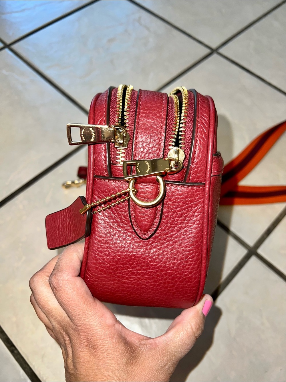 Coach Pebbled Leather Crossbody Bag in dark red with Striped crossbody Strap - Picture 4 of 10